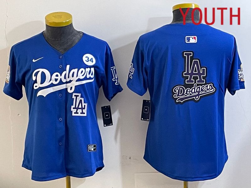 Youth  Los Angeles Dodgers blank 2024 World series patch blue jersey 202411237->youth mlb jersey->Youth Jersey